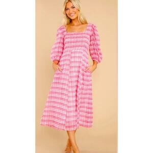Olivia James The Label Dress Midi Square Neckline Bridget Country Plaid Pink S